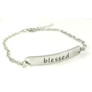 Silver‎ Hand Stamped "Blessed" Bar Bracelet Inspirational Adjustable Chain NEW